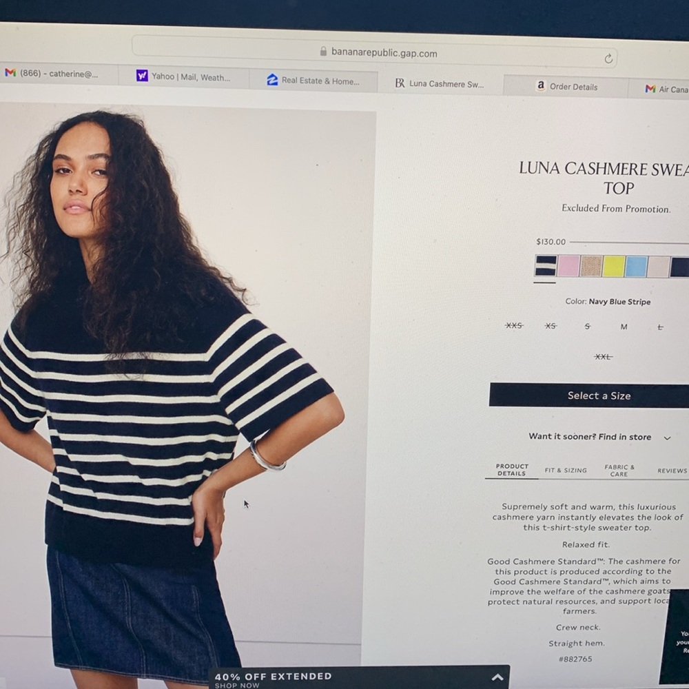 Cashmere, short sleeve, navy, and white striped sweater from banana Republic
